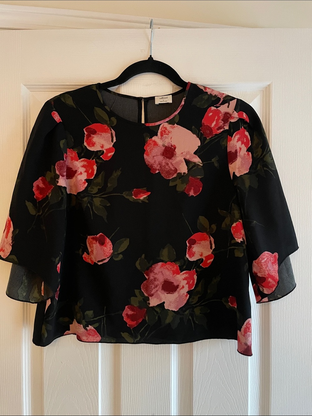 100% Silk Trim Wilfred Black Floral Blouse with Pink & Red Roses